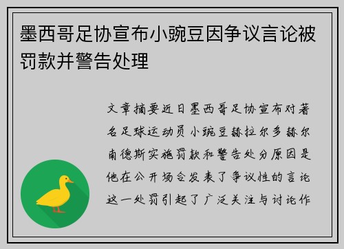 墨西哥足协宣布小豌豆因争议言论被罚款并警告处理