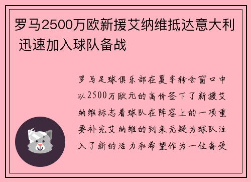 罗马2500万欧新援艾纳维抵达意大利 迅速加入球队备战