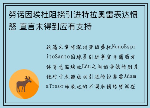 努诺因埃杜阻挠引进特拉奥雷表达愤怒 直言未得到应有支持